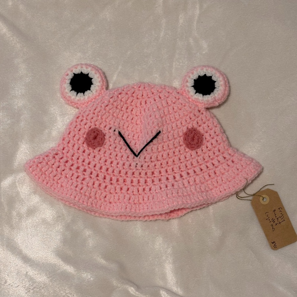 Handmade crochet pink froggy bucket hat